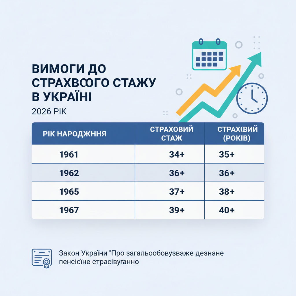 Требования к страховому стажу в 2026 году — иллюстрация к статье «таблица выхода на пенсию по годам рождения в украине»