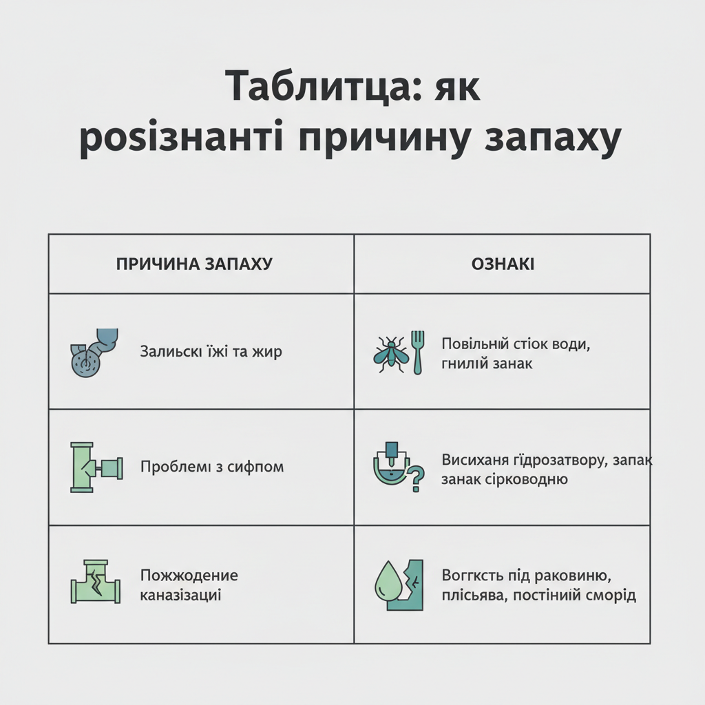 Таблиця: як розпізнати причину запаху — иллюстрация к статье «чому смердить із раковини»